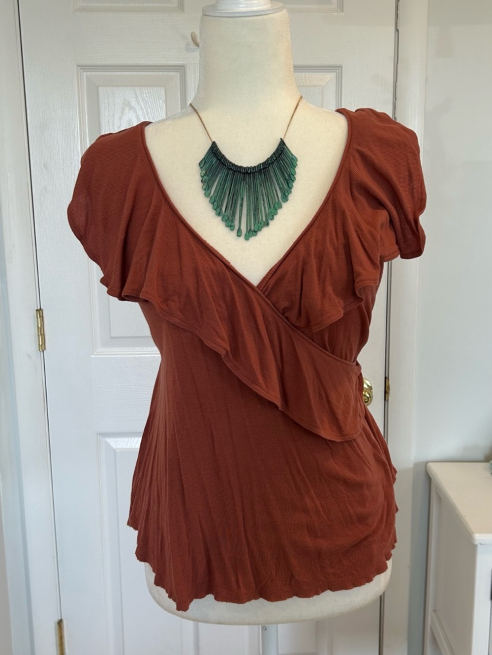 Free People Rust Ruffle Wrap V-Neck Women's Top with Criss Cross Back